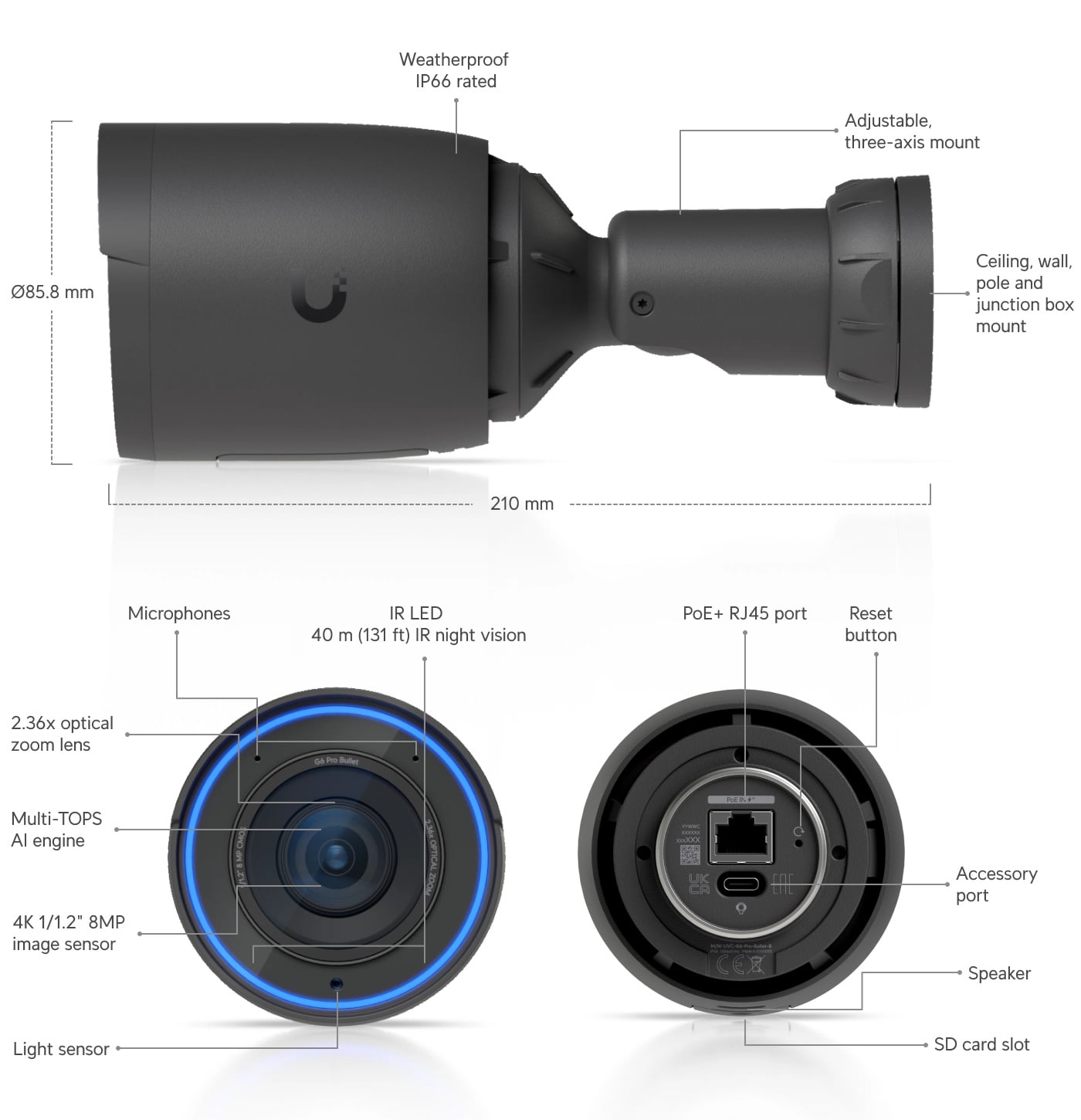 Ubiquiti UVC-G6-Pro-Bullet-B | Kamera IP | 4K 30fps, 1x GbE PoE+, IP66