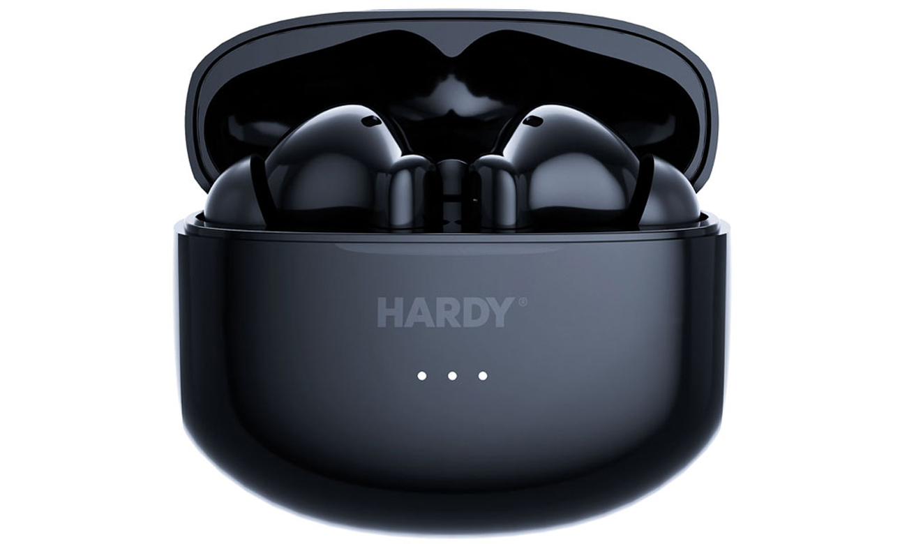 Słuchawki bezprzewodowe 3mk Hardy LifePods Pro Czarne - Widok od przodu wraz z otwartym etui ładującym
