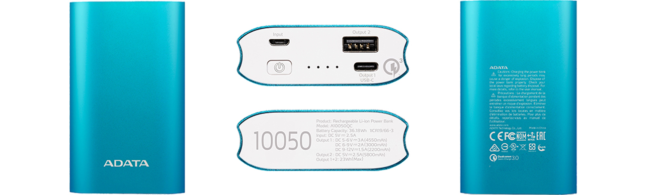 Power Bank ADATA 10050 mAh tytanowy z quickcharge AA10050QC-USBC-5V-CTI