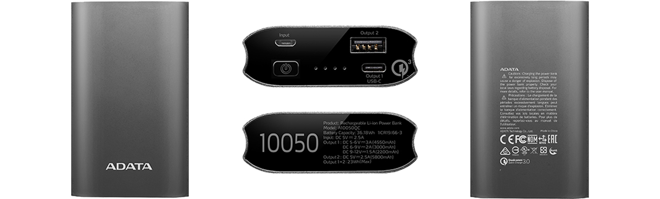 Power Bank ADATA 10050 mAh tytanowy AA10050QC-USBC-5V-CTI