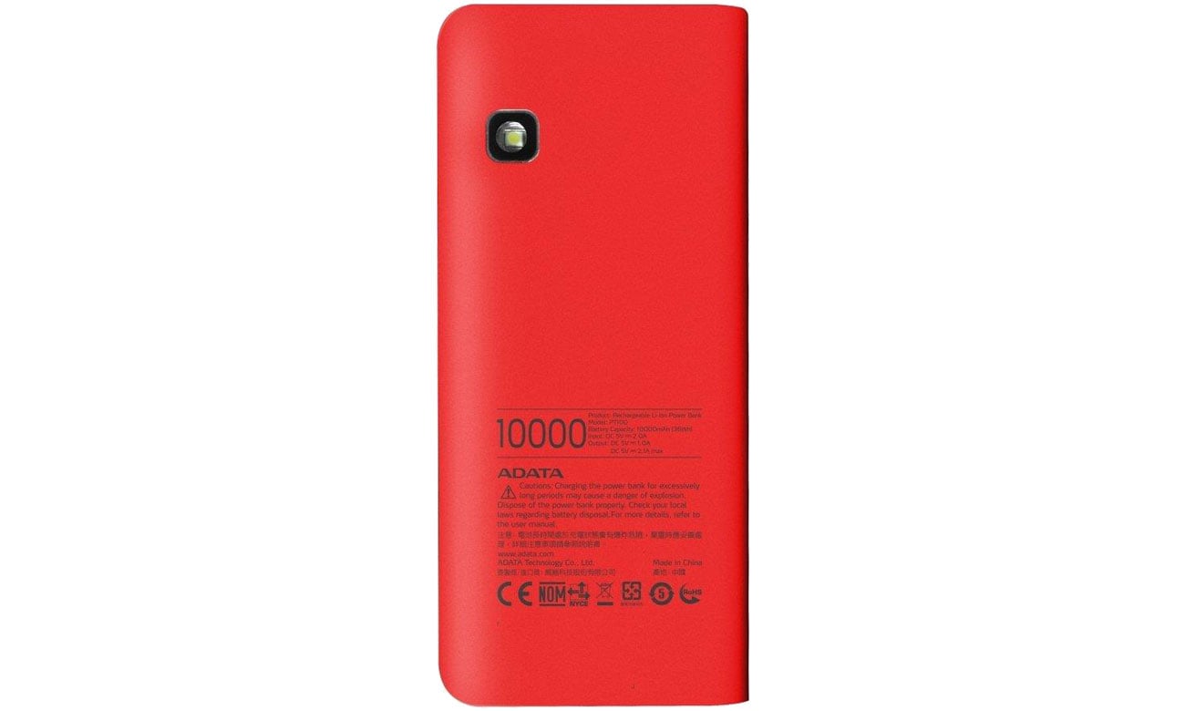 Power Bank ADATA PT100 Czerwony Latarka LED