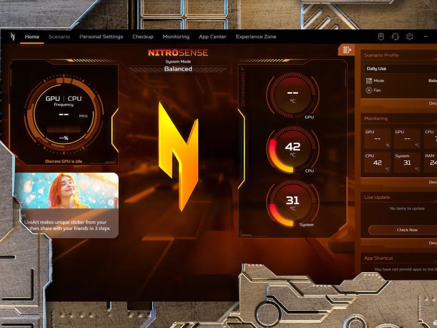 Acer Nitro V 16 AI interfejs nitro sense