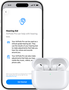 AirPods Pro 3 w etui ładującym MagSafe, iPhone 17 Pro, tekst na ekranie: Aparat słuchowy