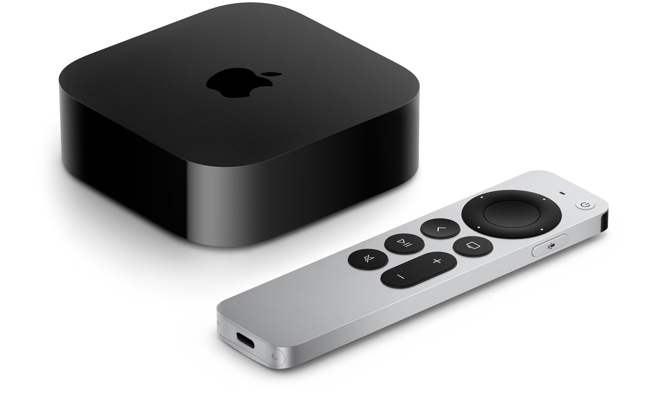 Apple TV 4K 64 GB (2022) - Frontansicht im Winkel + Fernbedienung