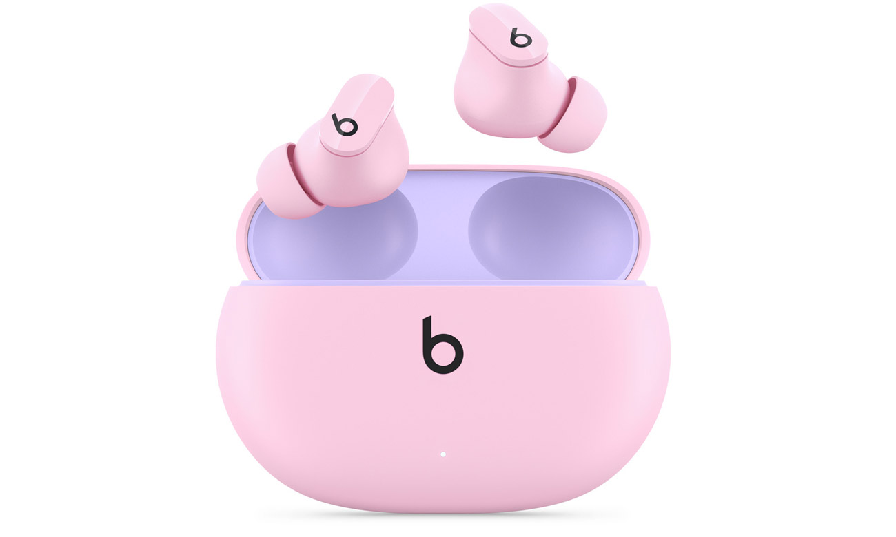 Słuchawki bezprzewodowe Apple Beats Studio Buds Cukierkowy róż - Widok z przodu, etui + słuchawki