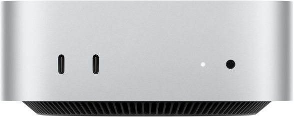 Mac mini, przód, dwa porty Thunderbolt, dioda statusu i gniazdo słuchawkowe, czarna, zwężana podstawa u dołu, płaski wierzch, zaokrąglone rogi, proste krawędzie, kolor srebrny