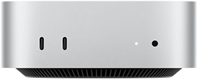 Mac mini, przód, dwa porty Thunderbolt, dioda statusu i gniazdo słuchawkowe, czarna, zwężana podstawa u dołu, płaski wierzch, zaokrąglone rogi, proste krawędzie, kolor srebrny