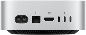 Mac mini, widok z tyłu, gniazdo zasilania, port Ethernet, port HDMI, trzy porty Thunderbolt