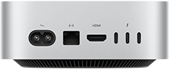 Mac mini, widok z tyłu, gniazdo zasilania, port Ethernet, port HDMI, trzy porty Thunderbolt