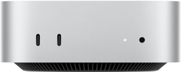 Mac mini, przód, dwa porty Thunderbolt, dioda statusu i gniazdo słuchawkowe, czarna, zwężana podstawa u dołu, płaski wierzch, zaokrąglone rogi, proste krawędzie, kolor srebrny