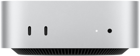 Mac mini, przód, dwa porty Thunderbolt, dioda statusu i gniazdo słuchawkowe, czarna, zwężana podstawa u dołu, płaski wierzch, zaokrąglone rogi, proste krawędzie, kolor srebrny