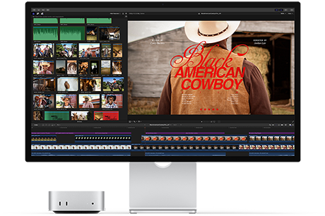 Mac mini sparowany z monitorem Studio Display. Na ekranie widać tytuł filmu „Black American Cowboy” po prawej stronie i kilka kadrów z filmu po lewej