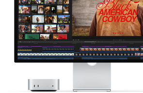 Mac mini sparowany z monitorem Studio Display. Na ekranie widać tytuł filmu „Black American Cowboy” po prawej stronie i kilka kadrów z filmu po lewej