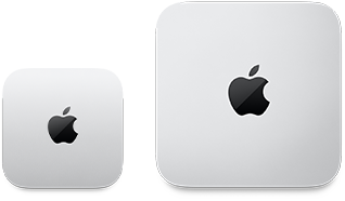 Dwa urządzenia Mac mini, widok z góry, obudowa ze srebrnego aluminium, zaokrąglone rogi, błyszczące czarne logo Apple pośrodku, urządzenie po lewej stronie jest nowszą wersją i mniejsze o połowę niż urządzenie po prawej