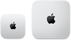 Dwa urządzenia Mac mini, widok z góry, obudowa ze srebrnego aluminium, zaokrąglone rogi, błyszczące czarne logo Apple pośrodku, urządzenie po lewej stronie jest nowszą wersją i mniejsze o połowę niż urządzenie po prawej