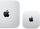 Dwa urządzenia Mac mini, widok z góry, obudowa ze srebrnego aluminium, zaokrąglone rogi, błyszczące czarne logo Apple pośrodku, urządzenie po lewej stronie jest nowszą wersją i mniejsze o połowę niż urządzenie po prawej