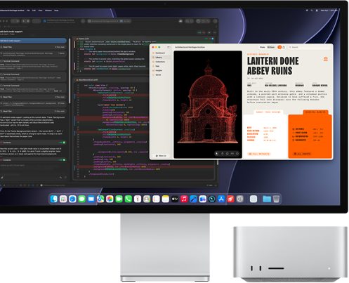 Studio Display XDR, na ekranie widać dokument przetwarzany w Claude Agent w środowisku XCode, Mac Studio, widok z przodu