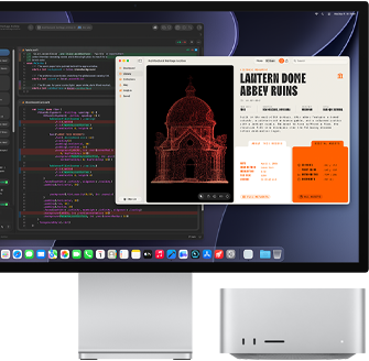 Studio Display XDR, na ekranie widać dokument przetwarzany w Claude Agent w środowisku XCode, Mac Studio, widok z przodu