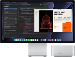 Studio Display XDR, na ekranie widać dokument przetwarzany w Claude Agent w środowisku XCode, Mac Studio, widok z przodu
