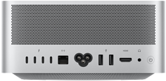 Tył Maca Studio, perforowany aluminiowy wylot powietrza, cztery porty Thunderbolt 5, jeden port Ethernet, gniazdo zasilania, dwa porty USB-A, jeden port HDMI, jedno gniazdo słuchawkowe oraz przycisk zasilania