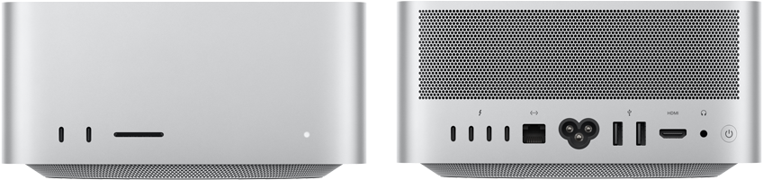 Mac Studio, przód, dwa porty USB‑C, gniazdo na kartę SDXC, dioda statusu, zwężana podstawka, płaski wierzch, zaokrąglone rogi, proste krawędzie, kolor srebrny, Mac Studio, tył, perforowany aluminiowy wylot powietrza, cztery porty Thunderbolt 5, jeden port Ethernet, gniazdo zasilania, dwa porty USB‑A, jeden port HDMI, jedno gniazdo słuchawkowe i przycisk zasilania