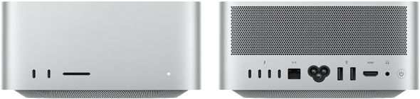 Mac Studio, przód, dwa porty USB‑C, gniazdo na kartę SDXC, dioda statusu, zwężana podstawka, płaski wierzch, zaokrąglone rogi, proste krawędzie, kolor srebrny, Mac Studio, tył, perforowany aluminiowy wylot powietrza, cztery porty Thunderbolt 5, jeden port Ethernet, gniazdo zasilania, dwa porty USB‑A, jeden port HDMI, jedno gniazdo słuchawkowe i przycisk zasilania