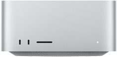 Mac Studio, przód, dwa porty USB‑C, gniazdo na kartę SDXC, dioda statusu, zwężana podstawka, płaski wierzch, zaokrąglone rogi, proste krawędzie, kolor srebrny, Mac Studio, tył, perforowany aluminiowy wylot powietrza, cztery porty Thunderbolt 5, jeden port Ethernet, gniazdo zasilania, dwa porty USB‑A, jeden port HDMI, jedno gniazdo słuchawkowe i przycisk zasilania