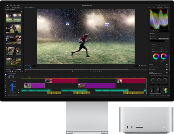Studio Display XDR z wbudowaną podstawką, Mac Studio idealnie mieści się pod monitorem, na którym widać proces montażu wideo i korekcji kolorów