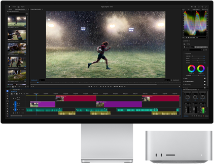 Studio Display XDR z wbudowaną podstawką, Mac Studio idealnie mieści się pod monitorem, na którym widać proces montażu wideo i korekcji kolorów