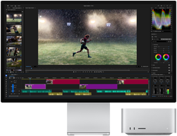 Studio Display XDR z wbudowaną podstawką, Mac Studio idealnie mieści się pod monitorem, na którym widać proces montażu wideo i korekcji kolorów