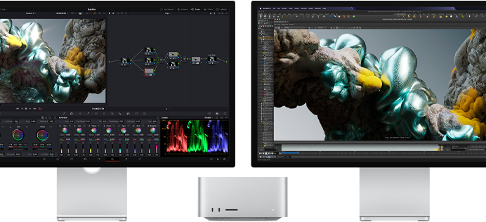 Monitory Studio Display i Studio Display XDR, po jednym z każdej strony Maca Studio, wyświetlające miejsce pracy artysty, oprogramowanie i narzędzia do modelowania 3D