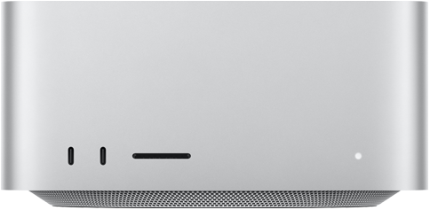 Mac Studio, przód, dwa porty USB‑C, gniazdo na kartę SDXC, dioda statusu, zwężana podstawka, płaski wierzch, zaokrąglone rogi, proste krawędzie, kolor srebrny