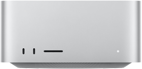 Mac Studio, przód, dwa porty USB‑C, gniazdo na kartę SDXC, dioda statusu, zwężana podstawka, płaski wierzch, zaokrąglone rogi, proste krawędzie, kolor srebrny