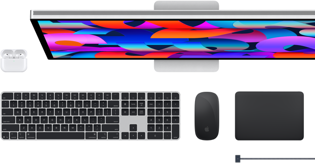 Akcesoria do Maca: AirPods, monitor Studio Display, klawiatura Magic Keyboard, mysz Magic Mouse, gładzik Magic Trackpad, przewód do ładowania MagSafe