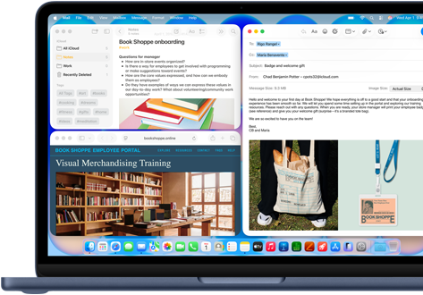 MacBook Neo w kolorze indygo, na ekranie widać wiadomość e-mail z powitalnym pozdrowieniem dla nowej pracowniczki księgarni, inne okna zawierają dokument z Notatek o wdrożeniu i stronę internetową portalu dla pracowników księgarni w Safari
