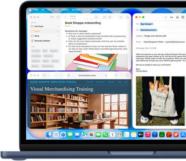 MacBook Neo w kolorze indygo, na ekranie widać wiadomość e-mail z powitalnym pozdrowieniem dla nowej pracowniczki księgarni, inne okna zawierają dokument z Notatek o wdrożeniu i stronę internetową portalu dla pracowników księgarni w Safari