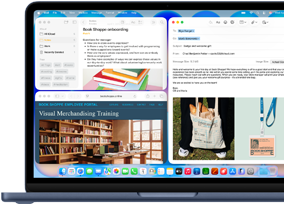 MacBook Neo w kolorze indygo, na ekranie widać wiadomość e-mail z powitalnym pozdrowieniem dla nowej pracowniczki księgarni, inne okna zawierają dokument z Notatek o wdrożeniu i stronę internetową portalu dla pracowników księgarni w Safari