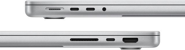 Вид збоку 14-дюймового MacBook Pro з чіпом M3 Pro, на якому видно його порти: ліворуч — порт MagSafe, два порти Thunderbolt 4 і роз’єм для навушників, а праворуч — слот для карти SDXC, один порт Thunderbolt 4 і порт HDMI