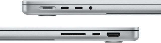 Вид збоку 14-дюймового MacBook Pro з чіпом M3 Pro, на якому видно його порти: ліворуч — порт MagSafe, два порти Thunderbolt 4 і роз’єм для навушників, а праворуч — слот для карти SDXC, один порт Thunderbolt 4 і порт HDMI