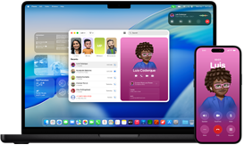 MacBook Pro i iPhone 16 Plus, otwarta aplikacja Telefon, ten sam kontakt wyświetlony na obu ekranach