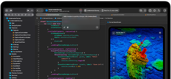 Ekran MacBooka Pro przedstawiający integrację asystenta AI w środowisku Xcode