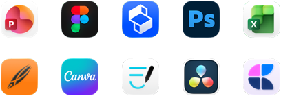 Dziesięć ikon aplikacji w dwóch rzędach: PowerPoint, Figma, Shapr3D, Photoshop, Excel, Linearity, Canva, GoodNotes, DaVinci Resolve, Craft