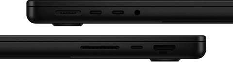 Prezentacja portów w MacBooku Pro. Z lewej strony: MagSafe, dwa porty Thunderbolt i gniazdo słuchawkowe. Z prawej strony: gniazdo na kartę SDXC, jeden port Thunderbolt i port HDMI