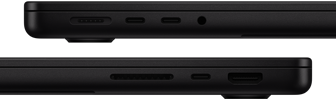 Prezentacja portów w MacBooku Pro. Z lewej strony: MagSafe, dwa porty Thunderbolt i gniazdo słuchawkowe. Z prawej strony: gniazdo na kartę SDXC, jeden port Thunderbolt i port HDMI