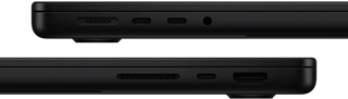Prezentacja portów w MacBooku Pro. Z lewej strony: MagSafe, dwa porty Thunderbolt i gniazdo słuchawkowe. Z prawej strony: gniazdo na kartę SDXC, jeden port Thunderbolt i port HDMI
