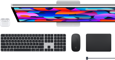 Akcesoria do Maca: AirPods, Studio Display, Magic Keyboard, Magic Mouse, Magic Trackpad, przewód ładujący MagSafe