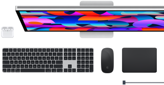 Akcesoria do Maca: AirPods, Studio Display, Magic Keyboard, Magic Mouse, Magic Trackpad, przewód ładujący MagSafe