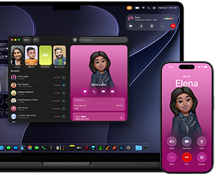 MacBook Pro i iPhone , otwarta aplikacja Telefon, ten sam kontakt wyświetlony na obu ekranach