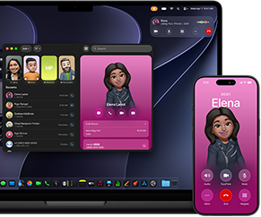 MacBook Pro i iPhone , otwarta aplikacja Telefon, ten sam kontakt wyświetlony na obu ekranach