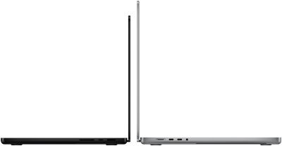 14‑calowy MacBook Pro w kolorze gwiezdnej czerni obok 16‑calowego MacBooka Pro w kolorze srebrnym